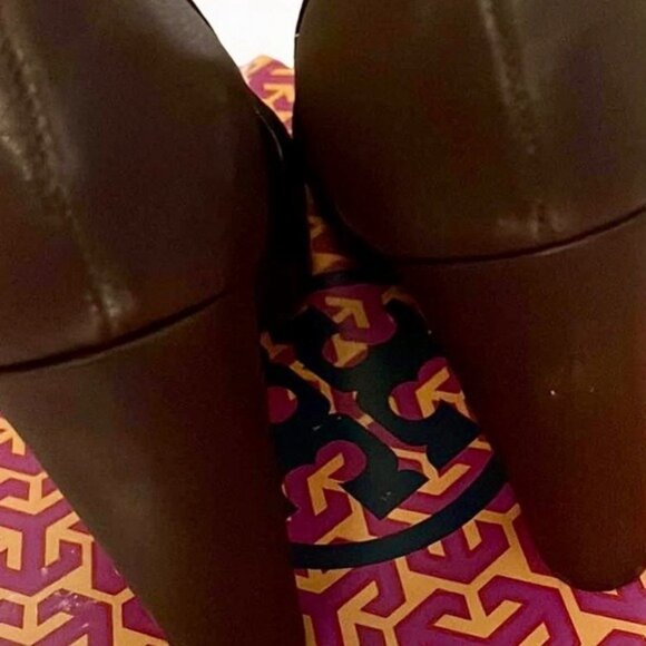 Tory Burch Peep Toe Quentin Landed Capra Fig Brown Leather Heels Size 8.5 - Picture 9 of 12